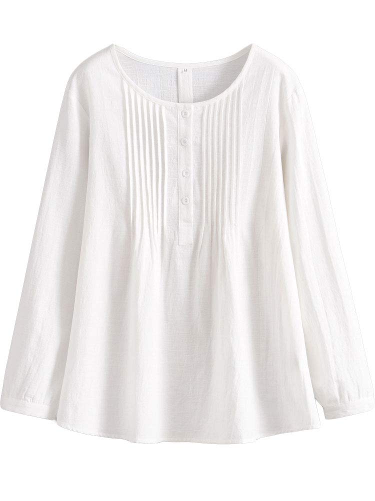 Minibee Women's Scoop Neck Pleated Blouse Solid Color Lovely Button Tunic Shirt White L